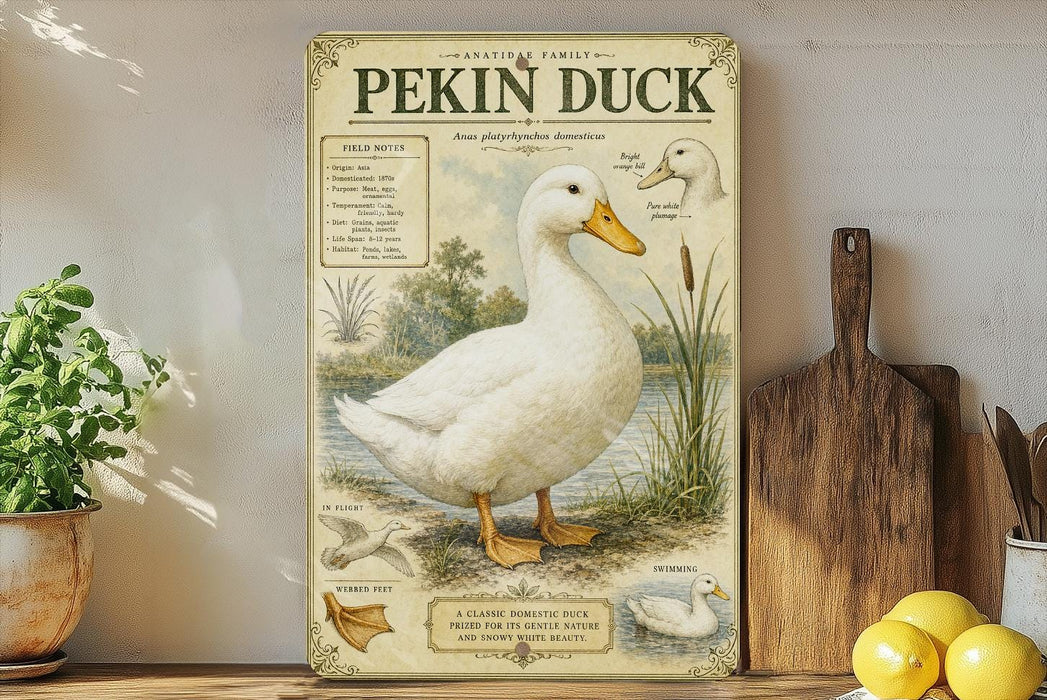 a poster or painting of a Pekin duck, which is a type of waterfowl. The poster includes illustrations and text that provide information about the Pekin duck, such as its physical characteristics, habitat, and behavior. The poster is displayed on a shelf, with a potted plant and a wooden cutting board visible in the background.