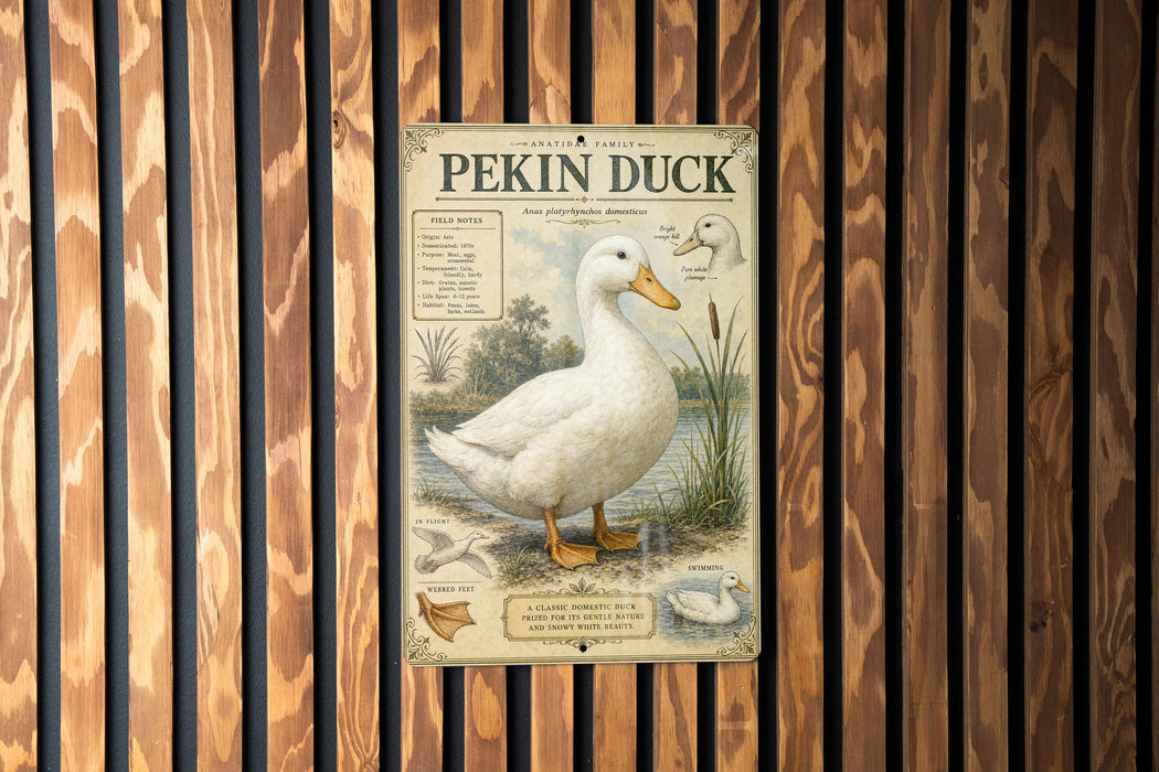 a poster or sign about the Pekin duck, which is mounted on a wooden wall.