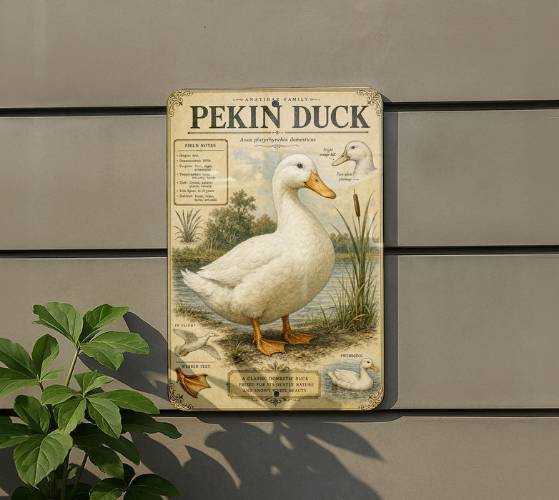 a decorative sign depicting a white duck, with a plant in the foreground.