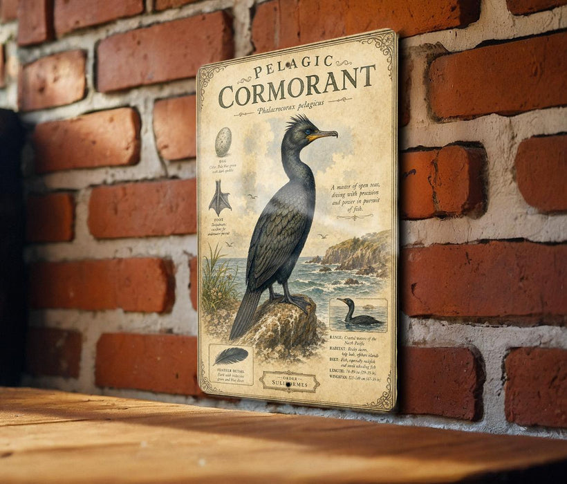 a vintage-style illustration of a pelagic cormorant, a large sea bird, perched on a rock. The illustration includes various details about the bird, such as its size, color, and habitat. The image is set against a brick wall, and there is a wooden table in the foreground.