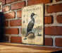a vintage-style illustration of a pelagic cormorant, a large sea bird, perched on a rock. The illustration includes various details about the bird, such as its size, color, and habitat. The image is set against a brick wall, and there is a wooden table in the foreground.