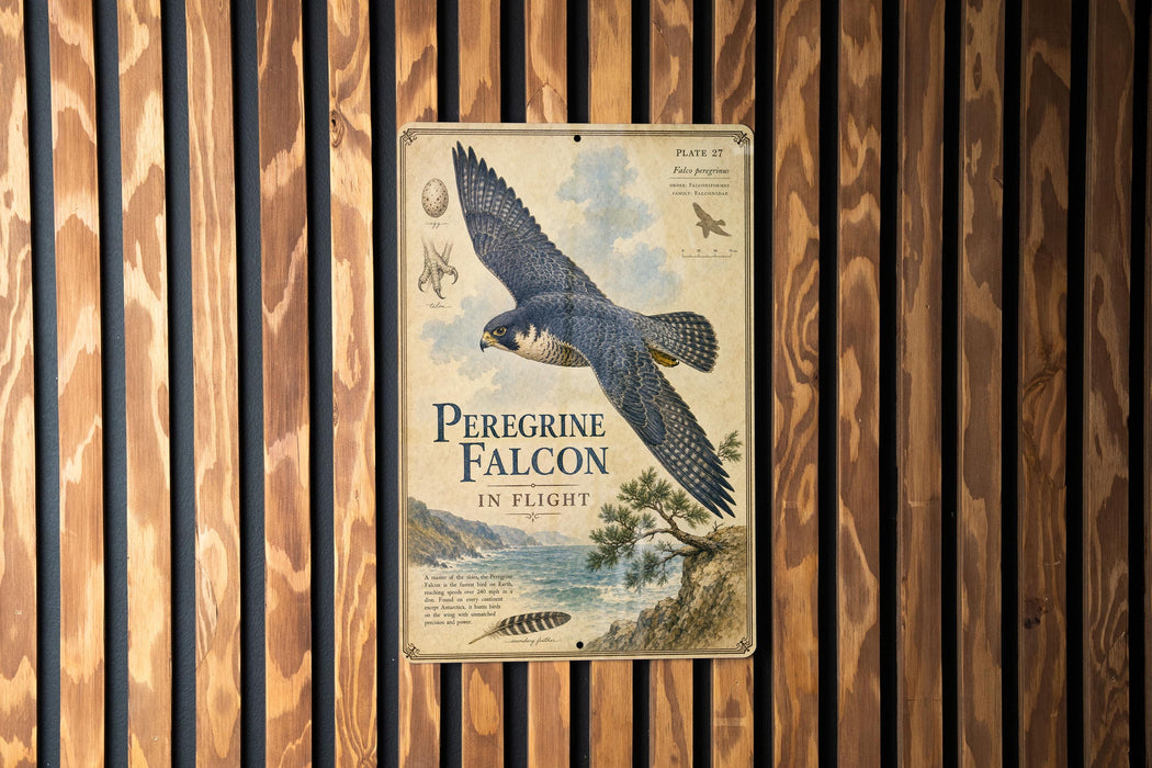 A metal sign with an illustration of a peregrine falcon in flight, mounted on a wooden wall.