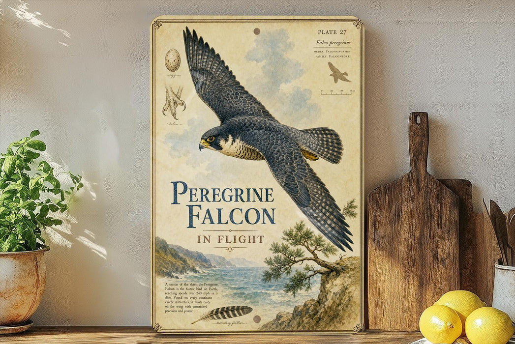 A vintage-style metal sign depicting a Peregrine Falcon in flight, with a detailed illustration of the bird and its natural habitat.