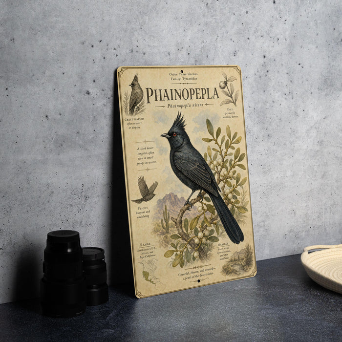 A vintage-style metal plaque with illustrations and text about the Painopepella species, featuring a detailed illustration of a black bird perched on a branch with leaves and berries.