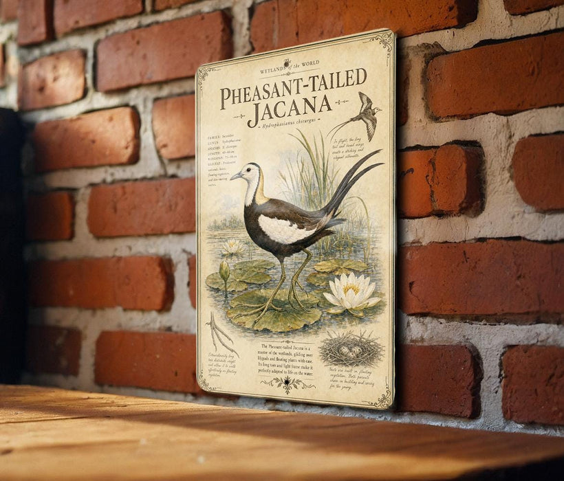 A vintage-style metal sign with illustrations and text is mounted on a brick wall, depicting a bird and aquatic plants.
