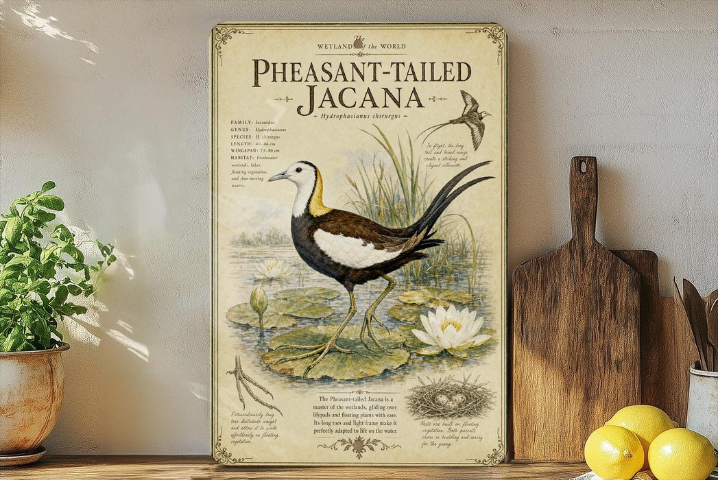 A vintage-style illustration of a peacock-tailed Jacana bird, with detailed text and illustrations, is displayed on a shelf next to a wooden cutting board and a potted plant.