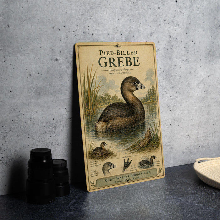 A vintage-style illustration of a pied-billed grebe, a type of water bird, is displayed on a wall.