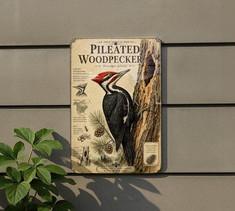 a vintage-style metal sign with illustrations and text about a woodpecker, mounted on a wall next to a plant.