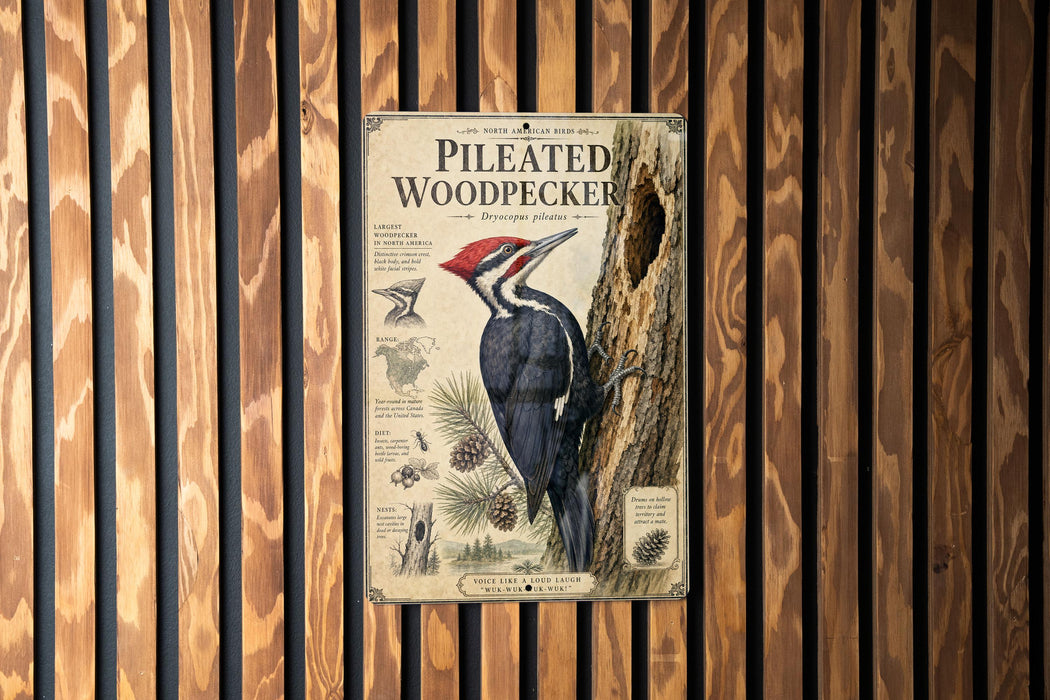 a poster of a woodpecker on a tree trunk, mounted on a wooden wall.