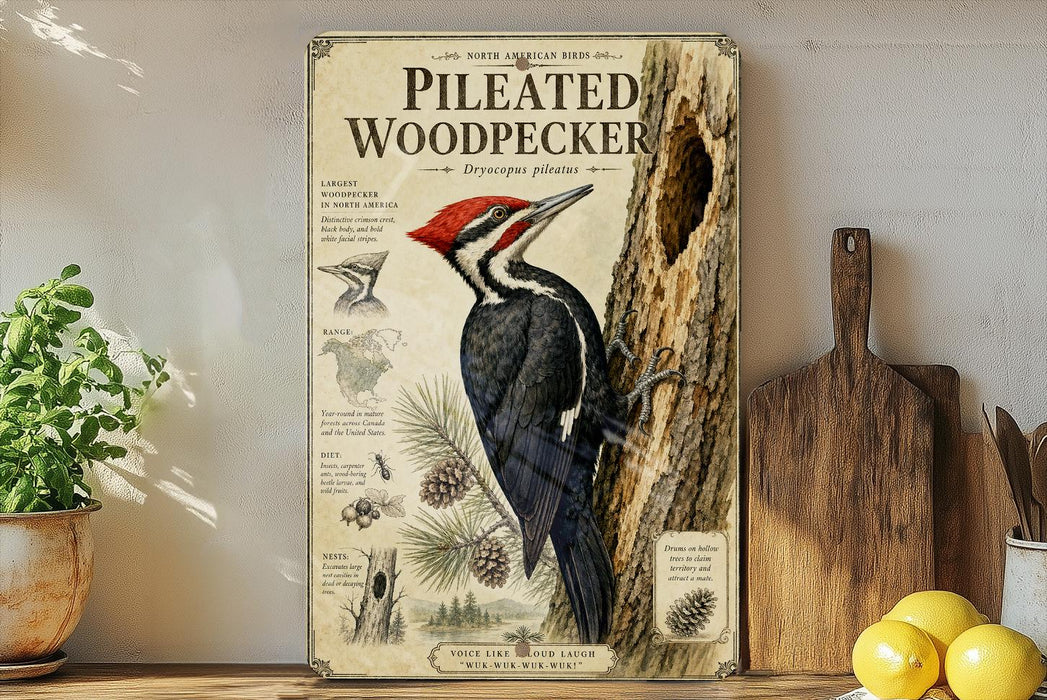 a framed illustration of a woodpecker, with various text elements and illustrations related to the bird.