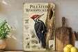 a framed illustration of a woodpecker, with various text elements and illustrations related to the bird.