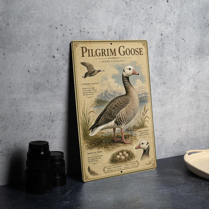 A vintage-style metal sign depicting a Pilgrim Goose standing on a grassy field, with a bird illustration and text providing information about the species.