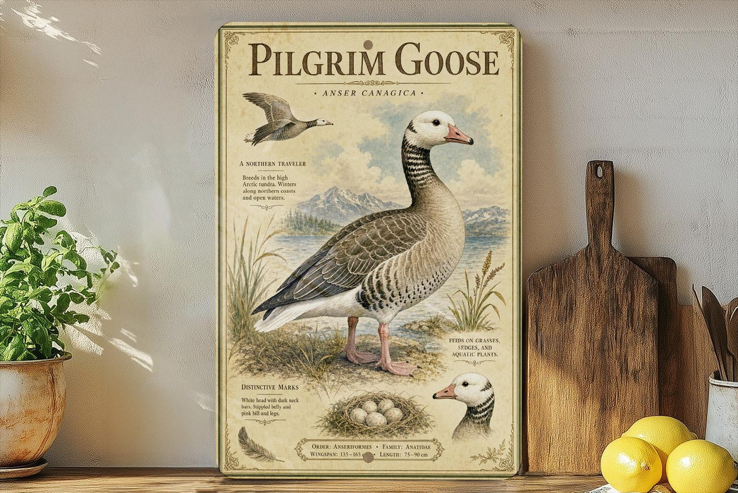 A vintage-style poster of a Pilgrim Goose is displayed on a wall, accompanied by a wooden cutting board, a potted plant, and some lemons.