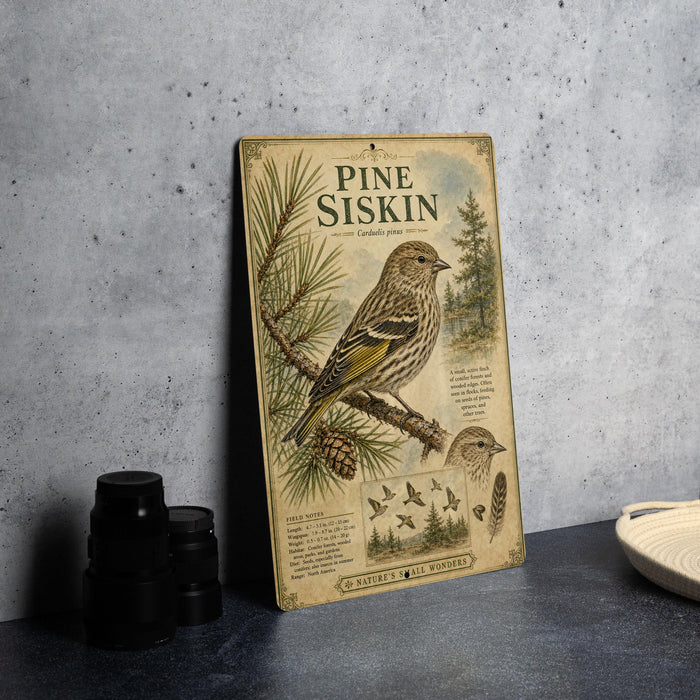 a vintage-style metal plaque with illustrations of pine siskins, a type of small songbird, and text providing information about the bird.