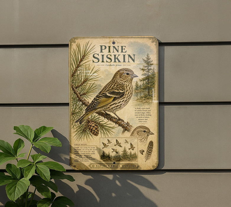 a vintage-style sign with illustrations of pine siskins, a type of small songbird, mounted on a wall.