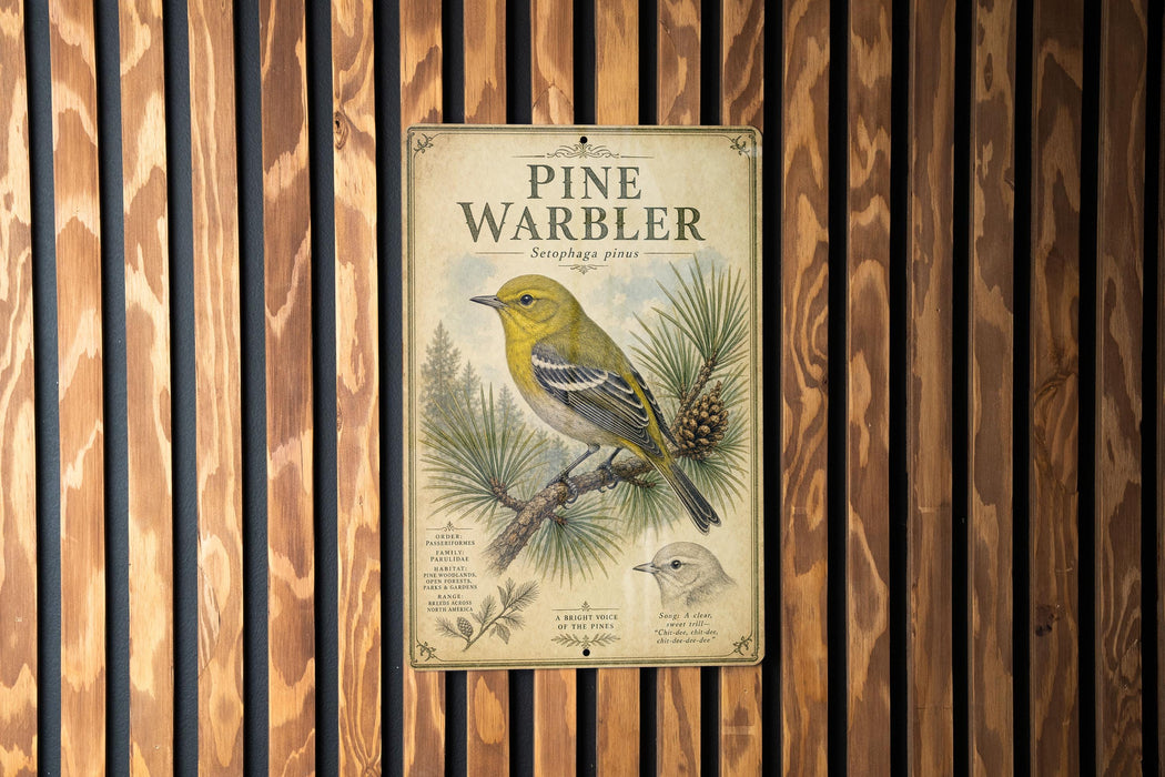 a vintage-style sign with a pine warbler illustration, mounted on a wooden wall.
