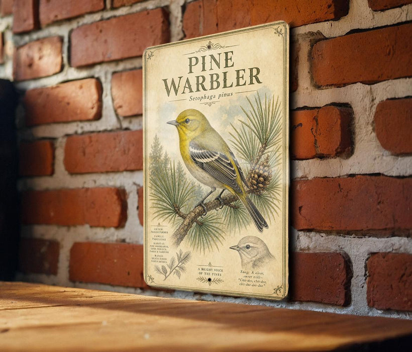 a vintage-style metal sign with a detailed illustration of a yellow bird perched on a pine branch, set against a brick wall background.
