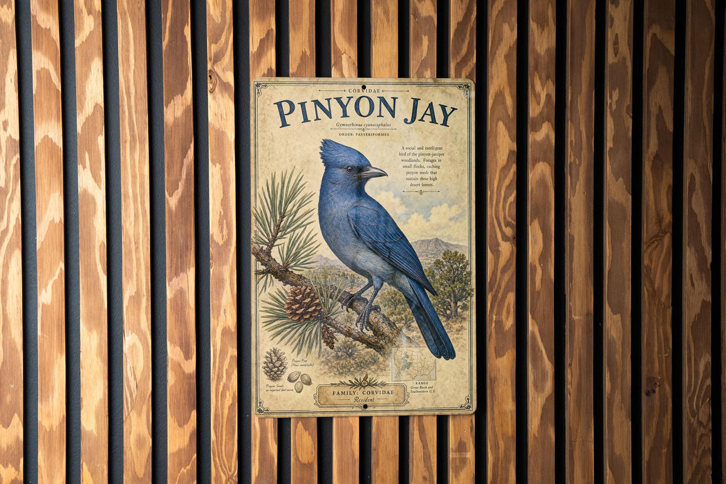 A vintage-style metal sign with a blue jay illustration is mounted on a wooden wall.