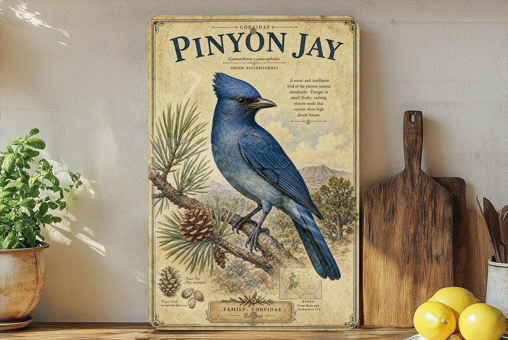A vintage-style poster of a blue jay bird is displayed on a shelf, surrounded by kitchen utensils and a potted plant.