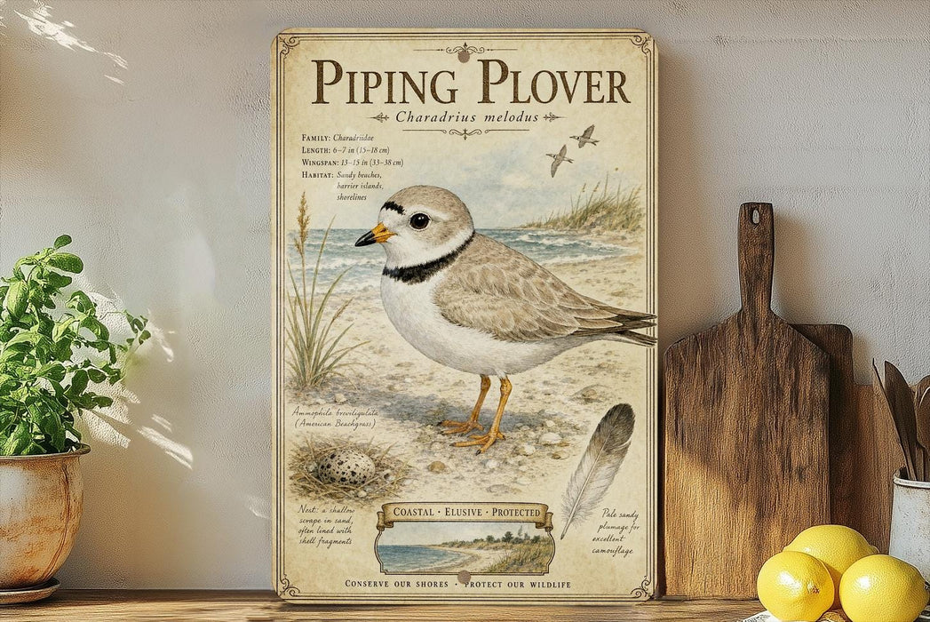 a vintage-style poster of a piping plover bird, which is a type of shorebird, displayed on a wall. The poster includes illustrations and text that describe the bird's characteristics, habitat, and conservation status.