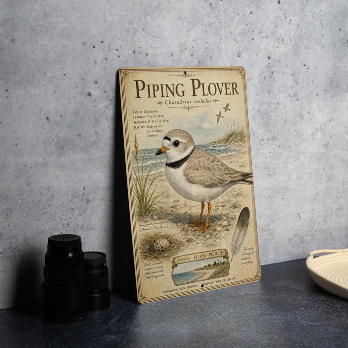 a vintage-style metal sign with illustrations and text, placed on a table next to some black camera lenses.