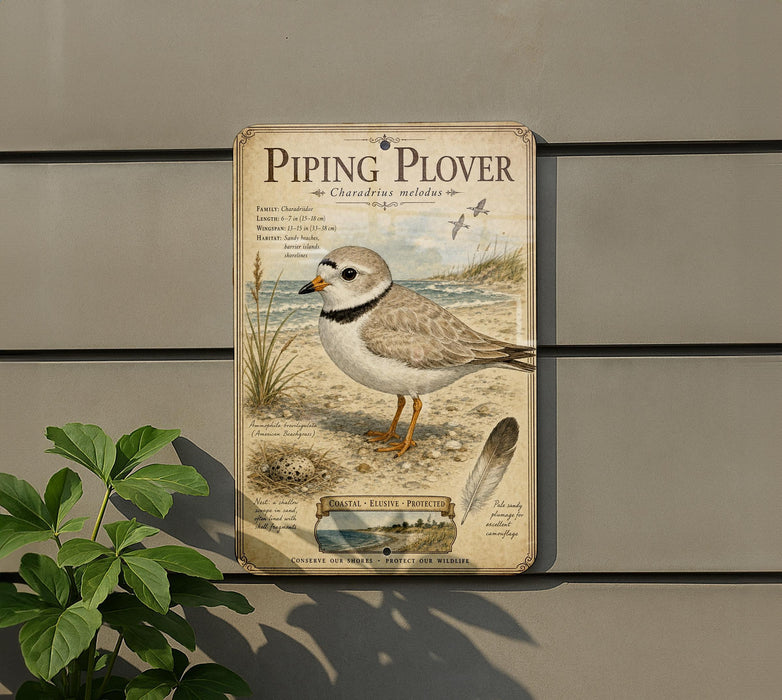 a sign for a piping plover, a type of shorebird, with a detailed illustration of the bird and its natural habitat.