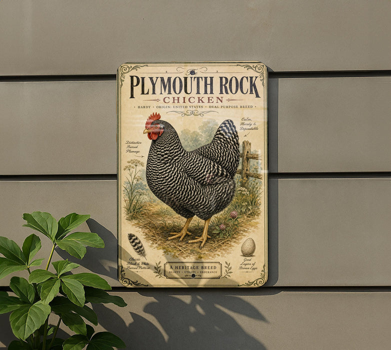 A vintage-style metal sign advertising Plymouth Rock chicken, featuring an illustration of a black and white chicken standing on a grassy area.