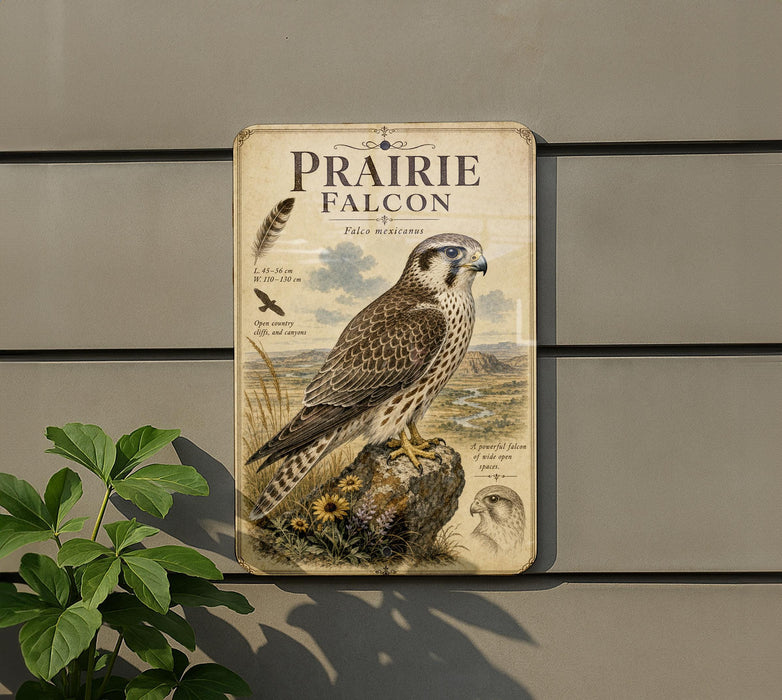a detailed illustration of a Prairie Falcon, a bird of prey native to North America. The illustration depicts the bird perched on a rock, surrounded by a natural landscape with grass, flowers, and mountains in the background. The bird's distinctive features, such as its sharp talons and keen eyesight, are clearly visible. The image is a collage of multiple images, and the text "Prairie Falcon" is prominently displayed at the top.