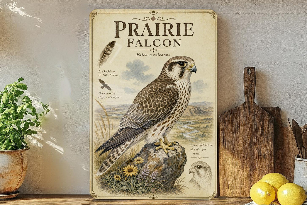 a poster of a prairie falcon, which is a bird of prey native to North America. The poster is mounted on a wall and includes a detailed illustration of the bird along with its habitat and characteristics.