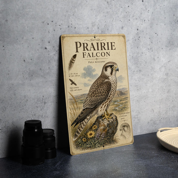 a poster or sign with an illustration of a peregrine falcon, along with some text and details about the bird.