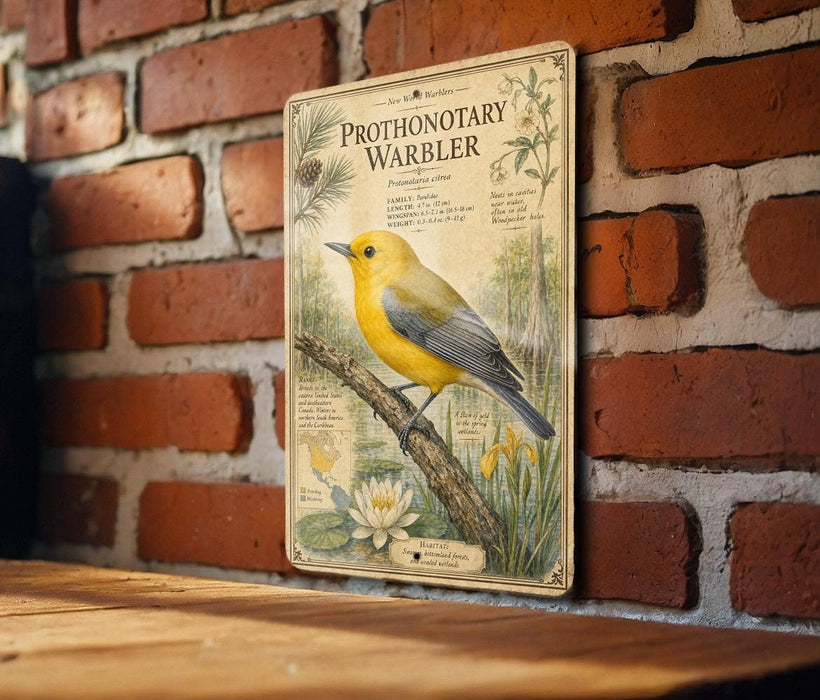 a vintage-style metal sign with a yellow bird perched on a branch, mounted on a brick wall.