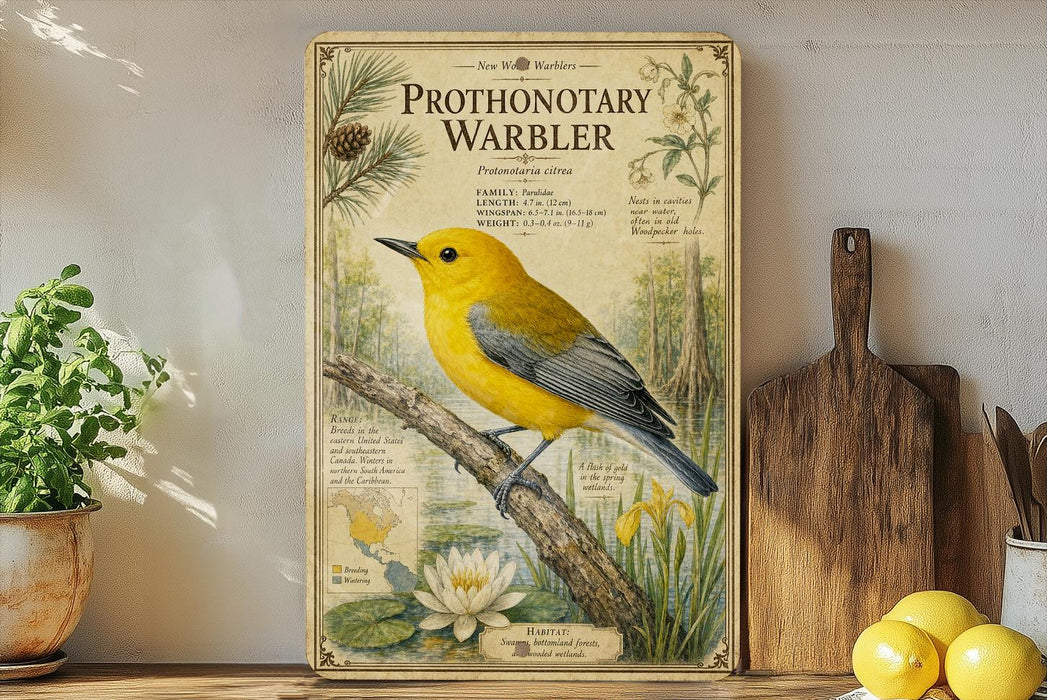 a vintage-style poster of a yellow bird perched on a branch, surrounded by illustrations of plants and flowers, with text providing information about the bird.