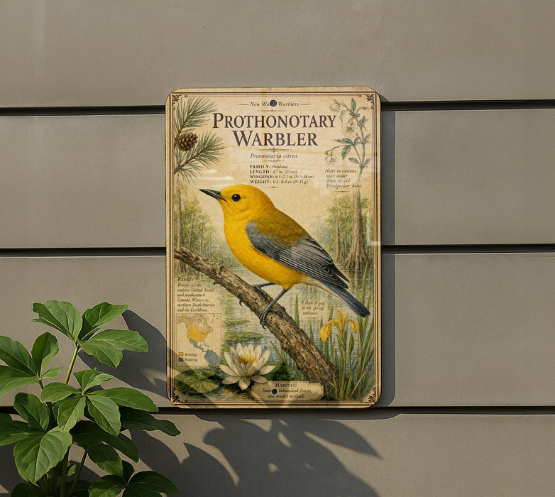 a vintage-style metal sign with a detailed illustration of a yellow bird perched on a branch, surrounded by various plants and flowers.