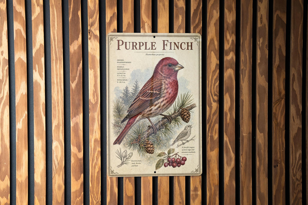 a vintage-style metal sign with a detailed illustration of a purple finch perched on a pine branch, surrounded by pine cones and berries.