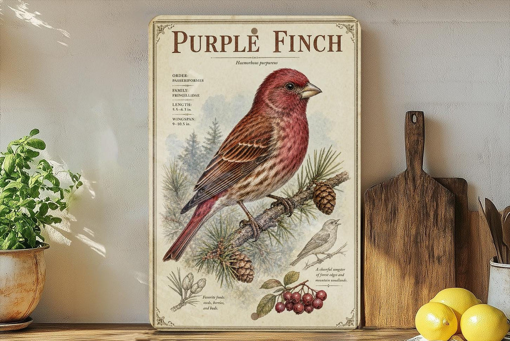 a vintage-style poster of a purple finch, with illustrations of pine cones and berries, displayed on a shelf next to a wooden cutting board and some fruit.