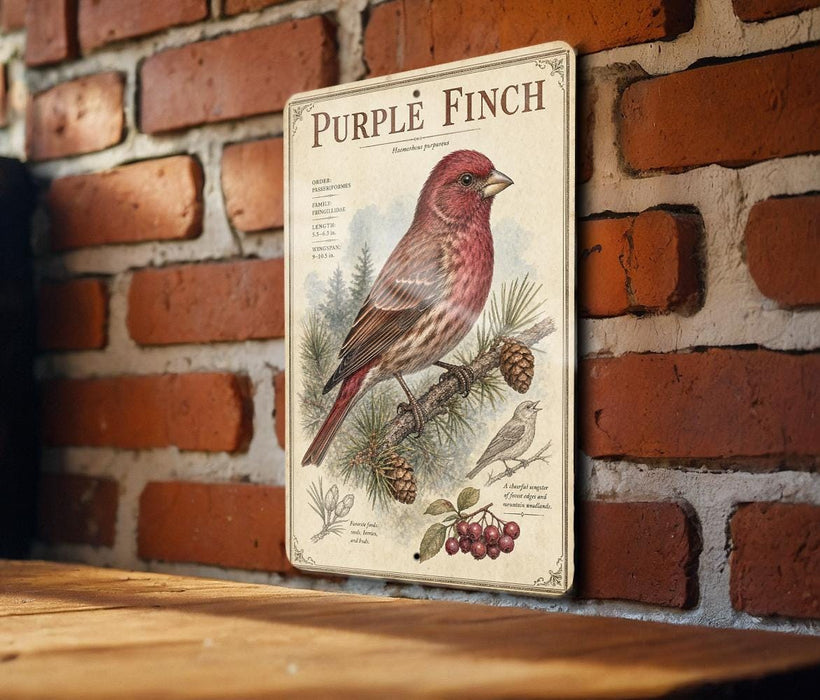 a vintage-style metal sign with a detailed illustration of a purple finch perched on a branch, surrounded by pine cones and berries.