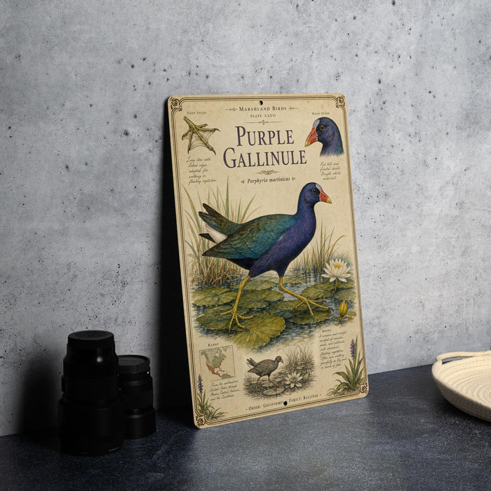A vintage-style metal sign featuring illustrations and text about the purple Gallinule, a type of water bird, is displayed on a table.