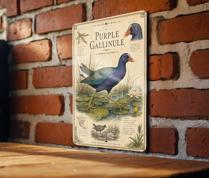 a vintage metal sign with illustrations and text about the Purple Gallinule, a type of water bird.