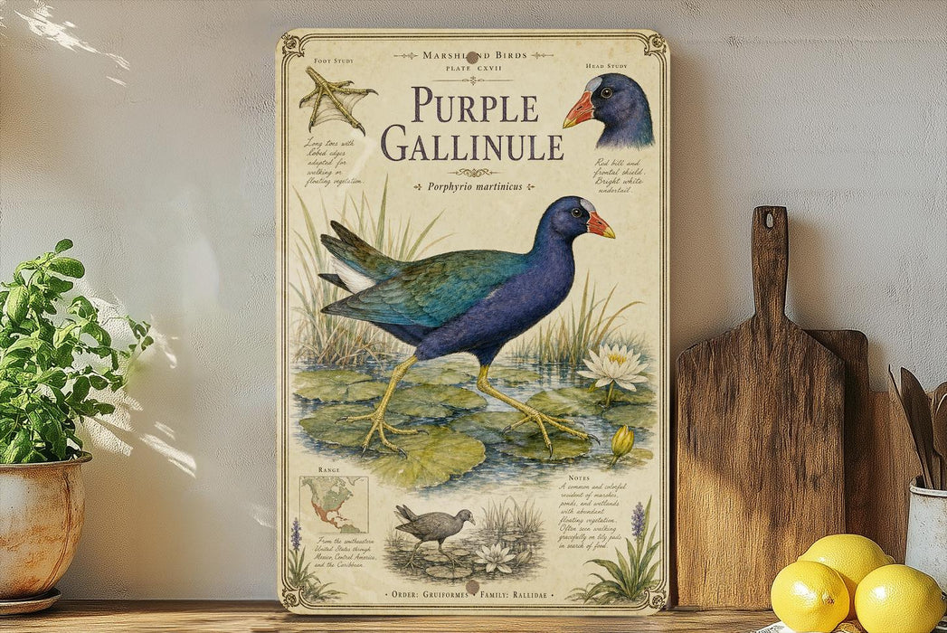 a vintage-style illustration of a purple Gallinule, a type of water bird, on a wooden surface. The illustration includes detailed illustrations of the bird's features, such as its blue body, green wings, and yellow beak, as well as its natural habitat, which includes lily pads and water plants. The image also includes text that provides information about the bird, such as its scientific name, habitat, and conservation status.