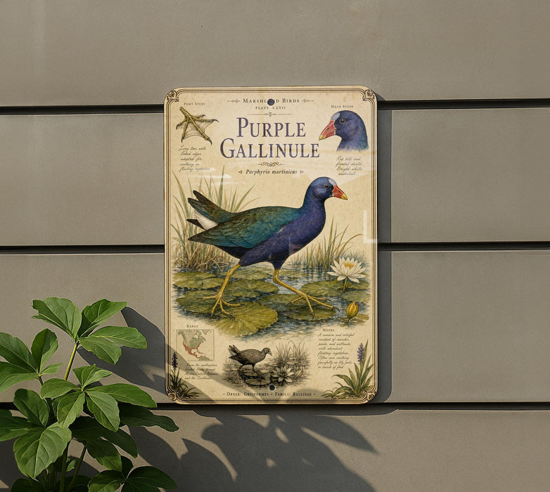 a vintage-style metal sign with illustrations of a purple Gallinule, a type of water bird, and a plant.
