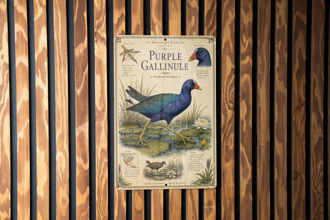 a vintage-style illustration of a purple Gallinule, a type of water bird, with detailed illustrations of the bird in its natural habitat.