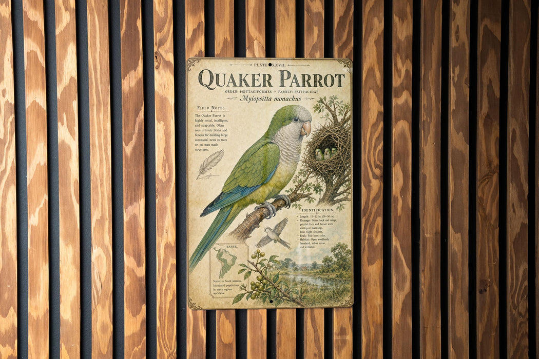 a vintage-style poster of a Quaker Parrot, with a detailed illustration of the bird and its natural habitat.