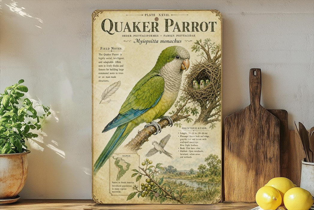 a vintage-style educational poster about the Quaker Parrot, with illustrations and text providing information about the bird.