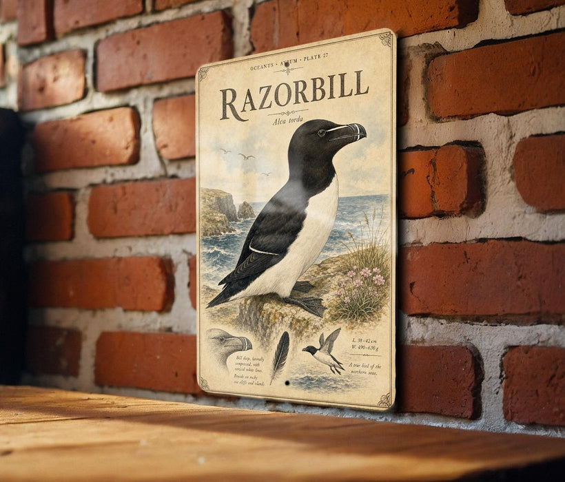 a vintage-style metal sign with a black and white illustration of a razor bill bird, mounted on a brick wall.