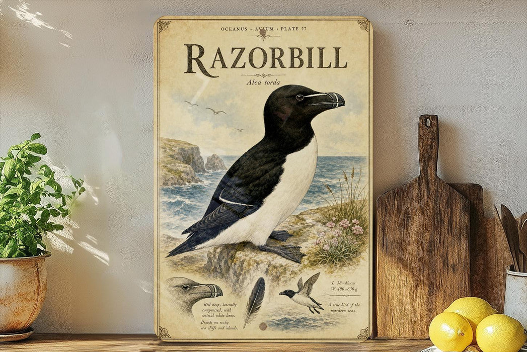a vintage-style illustration of a razorbill, a type of bird, on a coastal cliff with a potted plant to the left and a wooden cutting board to the right.