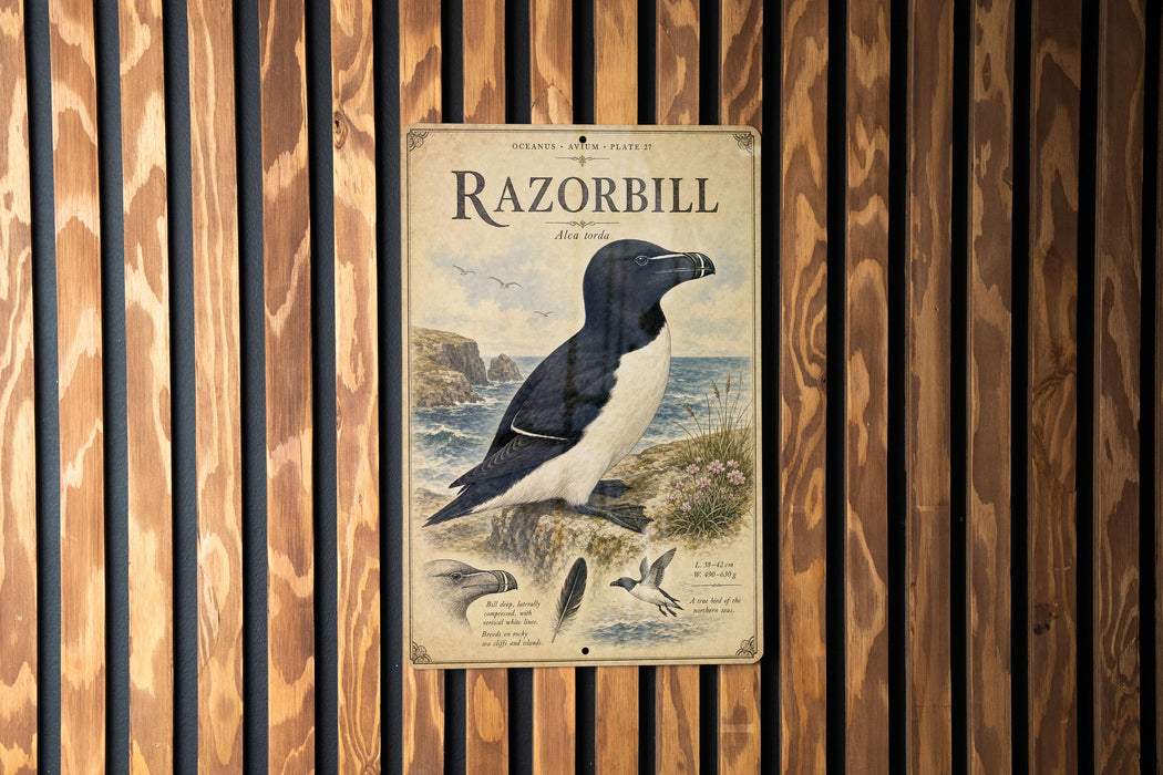 a vintage-style poster of a razorbill, a type of bird, displayed on a wooden wall.