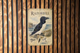 a vintage-style poster of a razorbill, a type of bird, displayed on a wooden wall.