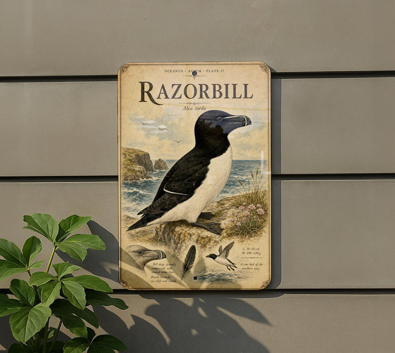 a vintage-style metal plaque with an illustration of a razorbill, a type of bird, on a coastal cliff.