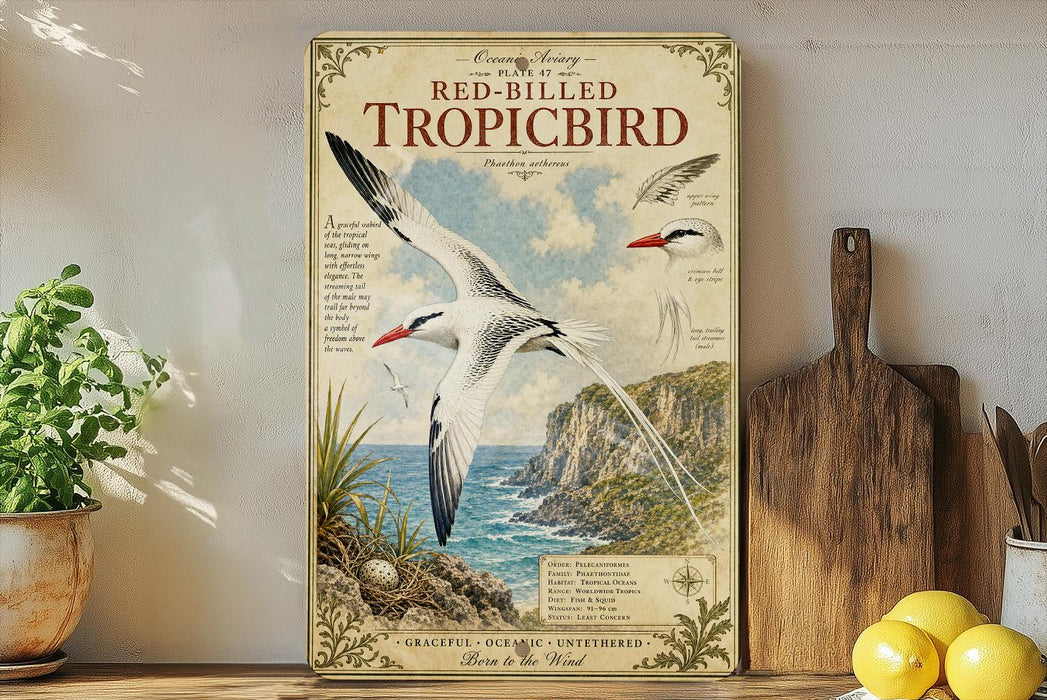 a poster of a red-billed Tropicbird, a tropical seabird, displayed on a wall. The poster includes a detailed illustration of the bird in flight and its natural habitat, with a coastal landscape in the background. The poster also includes text that describes the bird's appearance, behavior, and habitat.