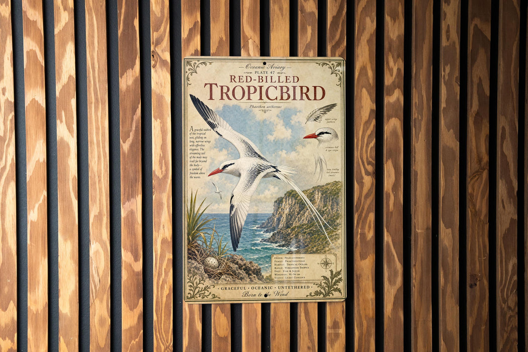 A poster of a red-billed tropical bird is displayed on a wooden wall.